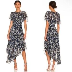 ASTR asymmetri slip dress with sheer navy flowered Overlay, sheer sleeves size S